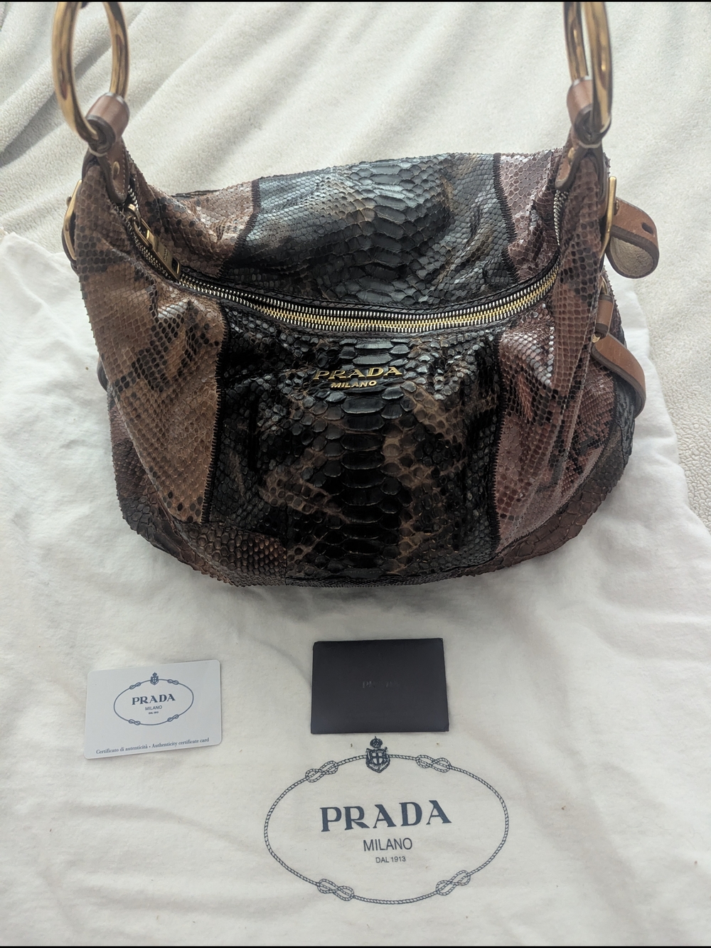Prada Multitone Brown Python-Effect Leather Shoulder Bag with Gold Hardware